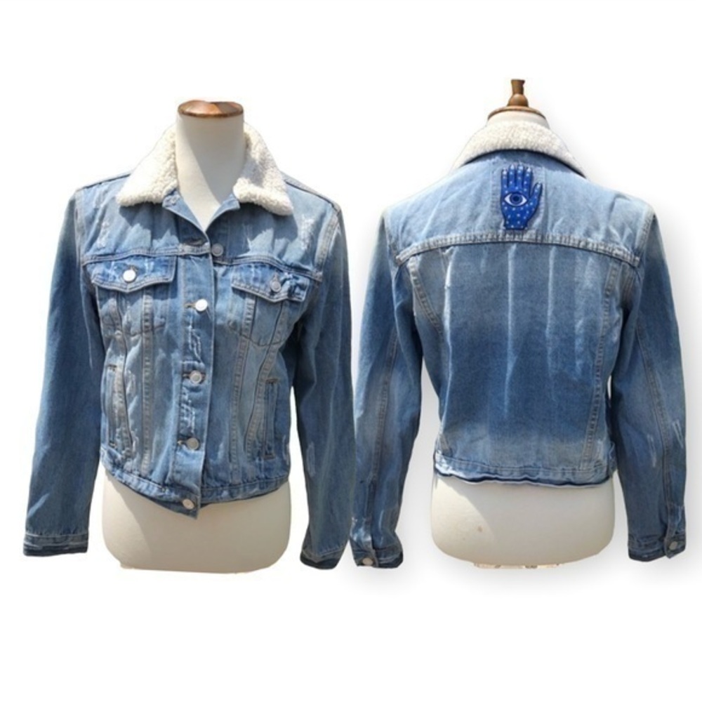 Distressed Jean jacket with Sherpa collar